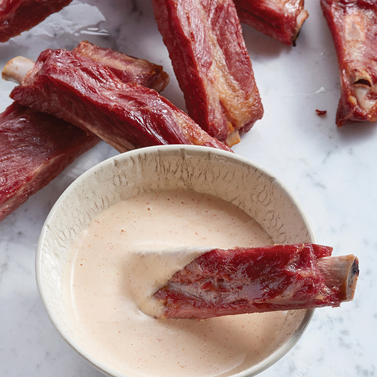 Crispy Cured Pork Back Ribs with Alabama White Sauce