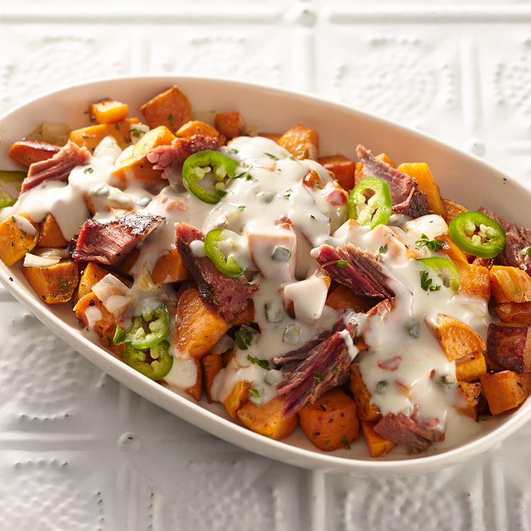 Brisket And Sweet Potato Hash With Chile Con Queso