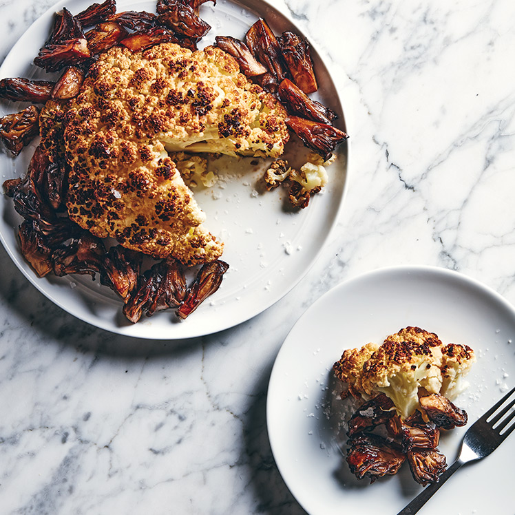 Sweet Potato-Rubbed Roasted Cauliflower with Fall Mushrooms