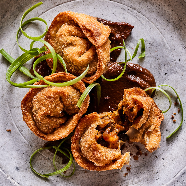 Beef and Shiitake Mandu with Apple Black Garlic 