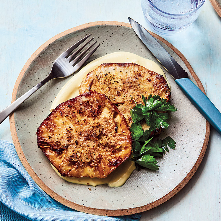 Horseradish Crusted Celery Root Steaks with Mustard Sauce and Parsley Salad