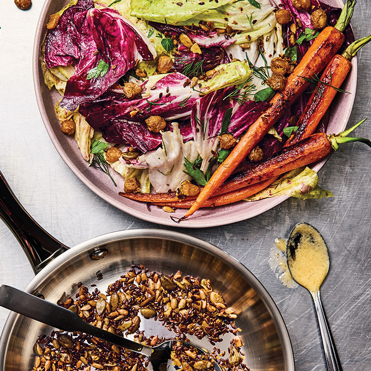 Leafy Salad with Roasted Carrots, Chickpea Croutons and Crunchy Seeds Recipe