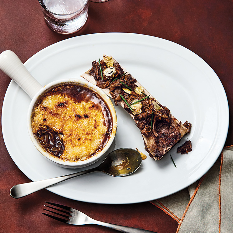 Onion Soup with Smoked Bone Marrow and Oxtail Ragout