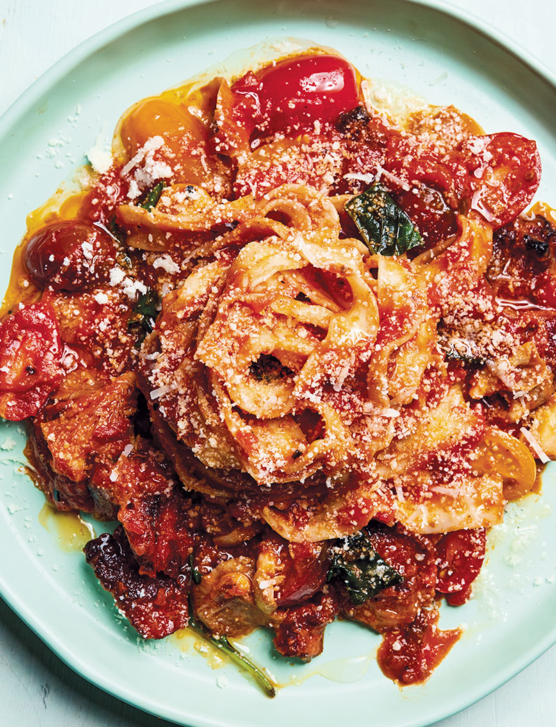 Yuba “All'amatriciana” with Tomatoes, Chanterelles and Jowl Bacon