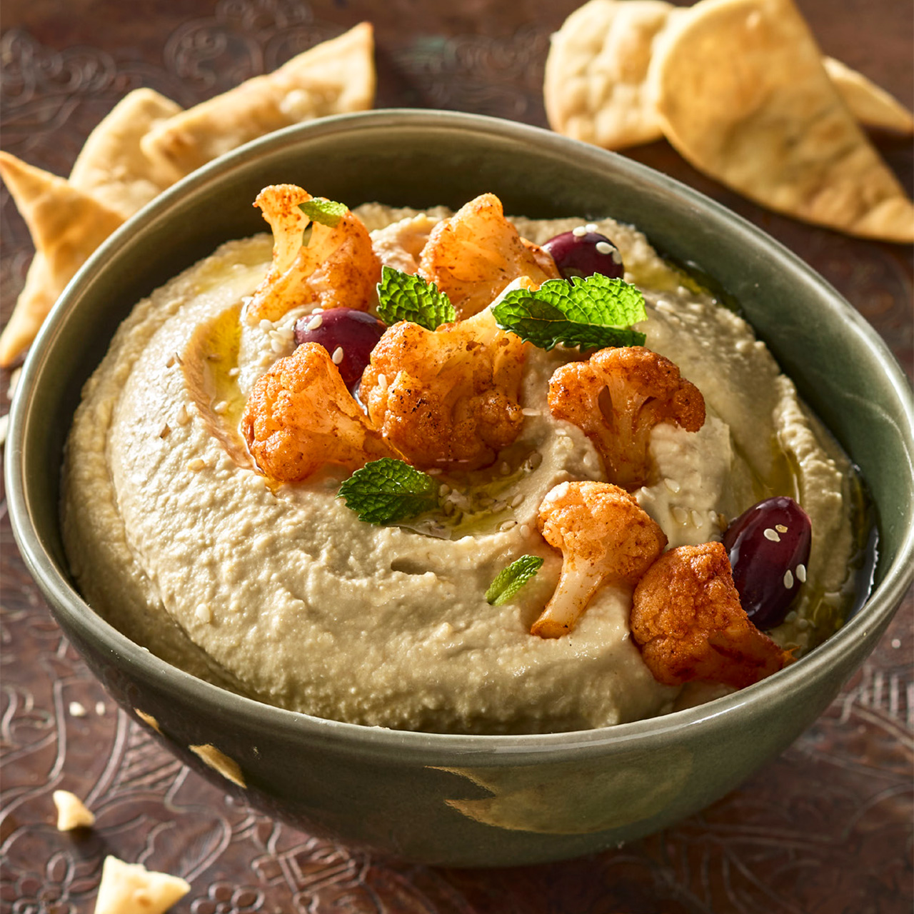 Hummus Topped with Chili Roasted Cauliflower Florets