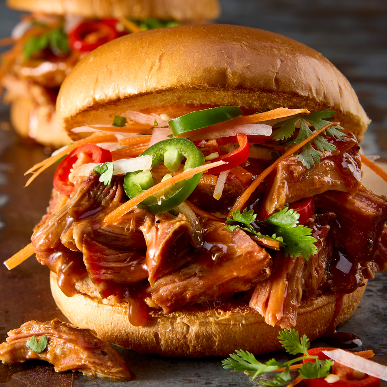 BBQ Pulled Pork Banh Mi Burger with Pickled Veggies