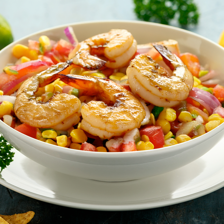 Grilled Shrimp With Peach BBQ Glaze and Corn Salsa