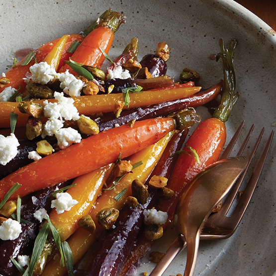 Maple-Glazed Heirloom Carrots with Chevre and Truffle-Salted Pistachios