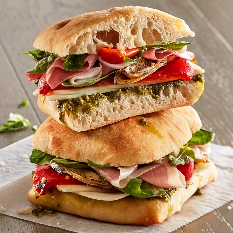 Artisan Focaccia Sandwich with Prosciutto, Pesto and Artichokes