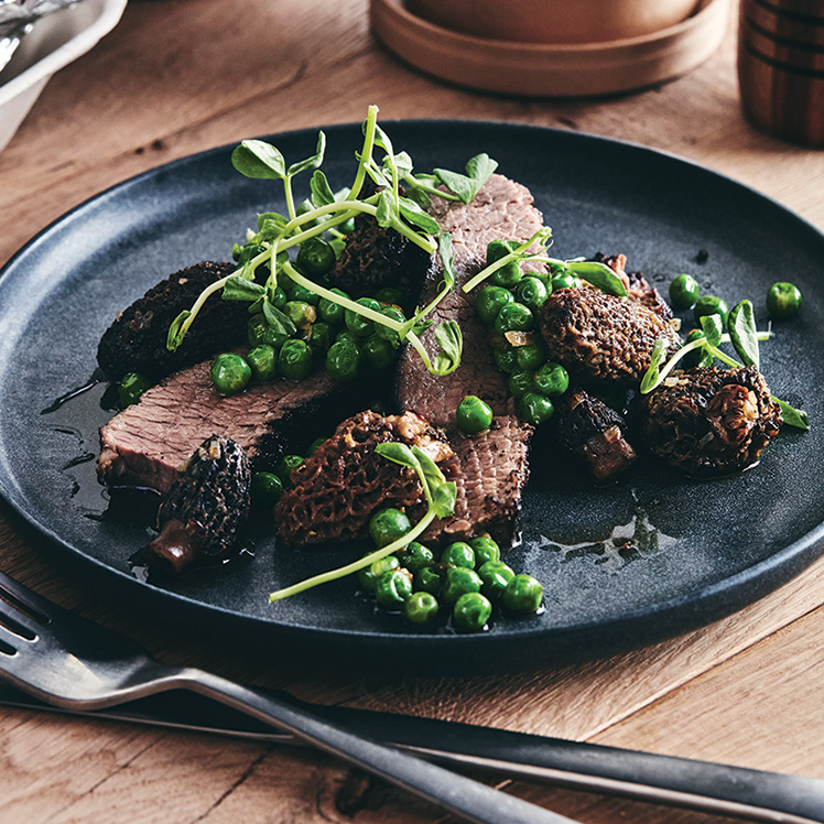 Smoked and Braised Brisket with Morels and English peas