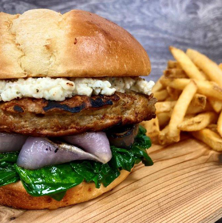 Italian Sausage Burger with Boursin and Wilted Garlicky Spinach
