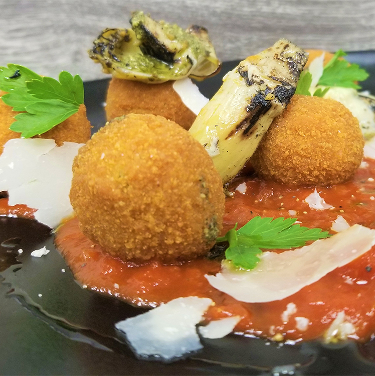 Crispy Arancini with Fire-Grilled Artichokes and Marinara