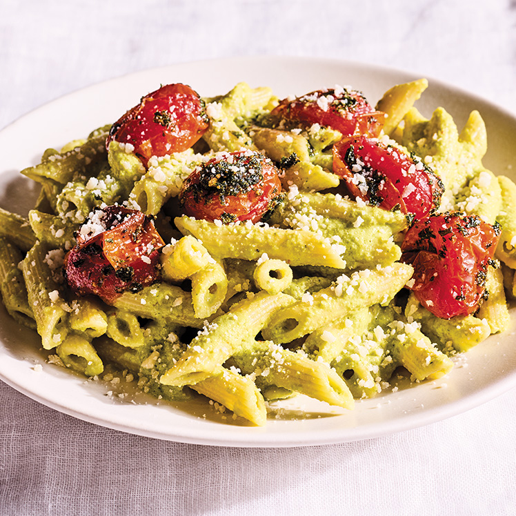 Penne with Pea Pesto and Roasted Tomatoes