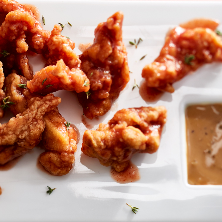 Spicy Cranberry Glazed Chick-arrones with Country Gravy Dipping Sauce