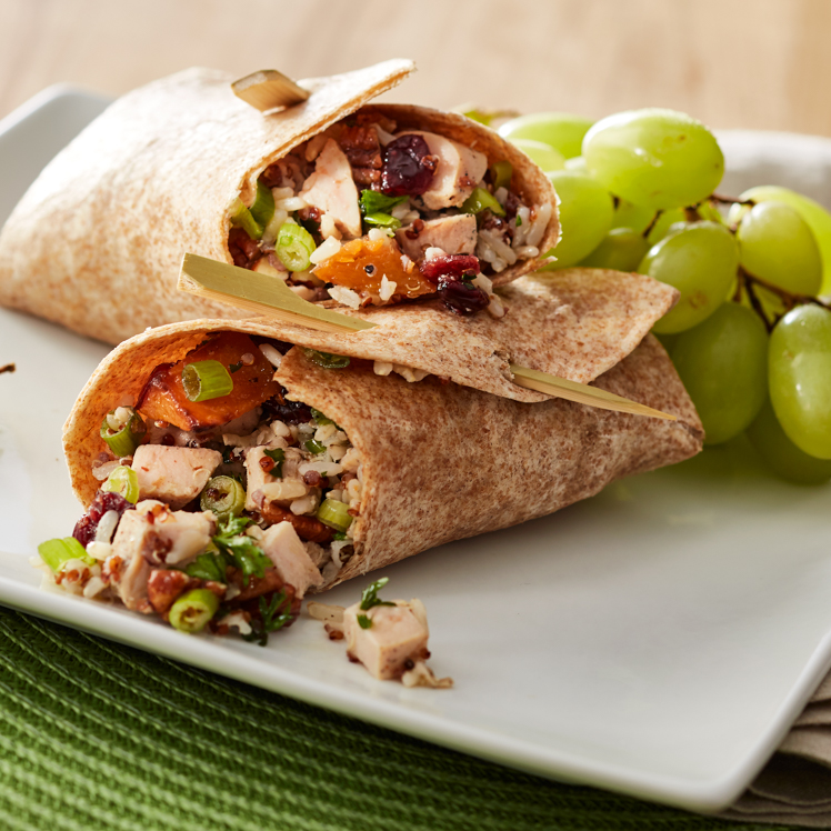 Grilled Chicken Wraps with Cranberries, Quinoa and Candied Pecans