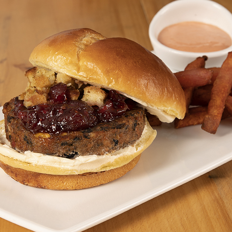 Meatless Thanksgiving Burger with Sweet Potato Fries and Cranberry Aioli
