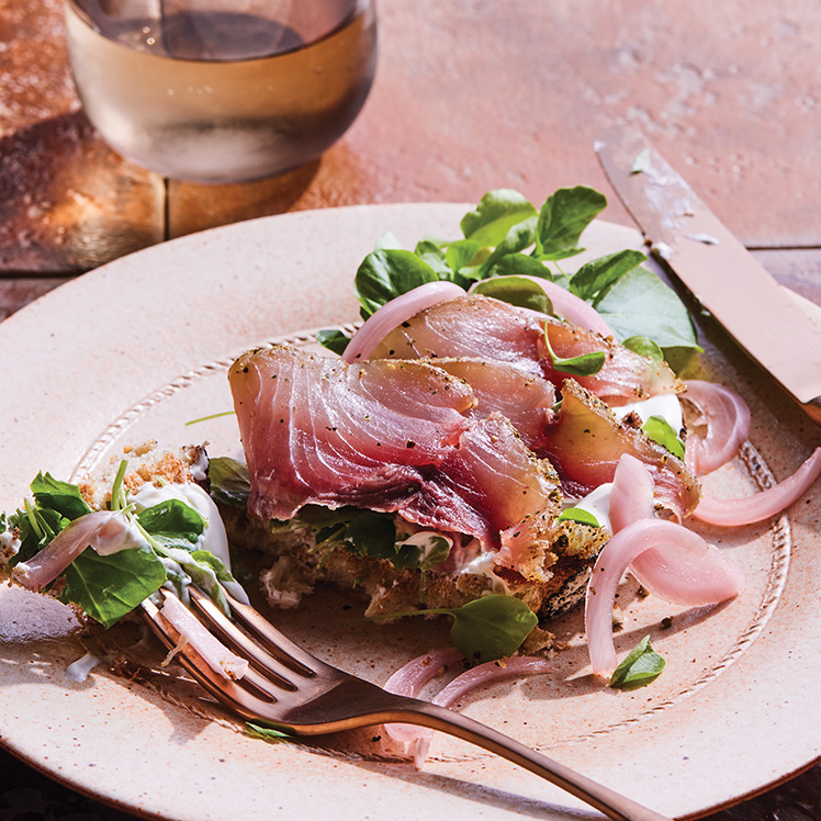 Kingfish on Sourdough with Pickled Red Onions and Crème Fraîche