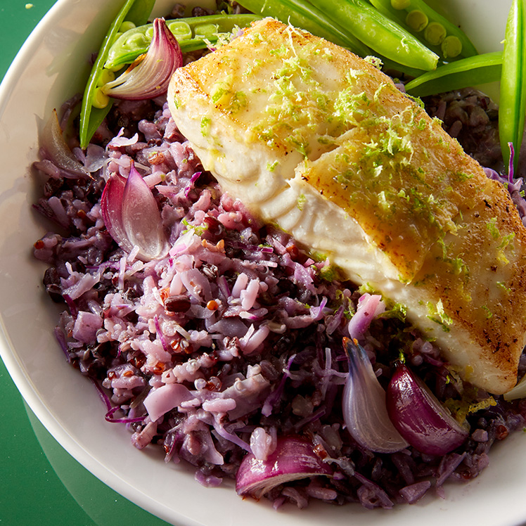 Purple Rice and Quinoa Risotto with Seared Halibut