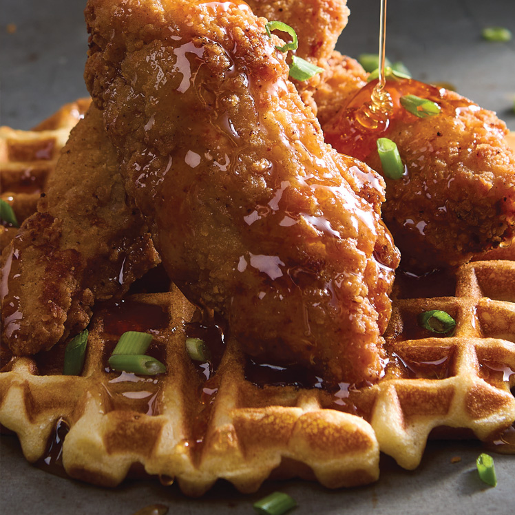 Zesty Chicken Tenders and Roasted Poblano Cornbread Waffles with Hot Honey Mustard Dressing 
