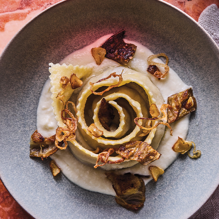 Roasted Rosa Bianca Eggplant Filled Pasta with Crema and Vidalia Onion Soubise