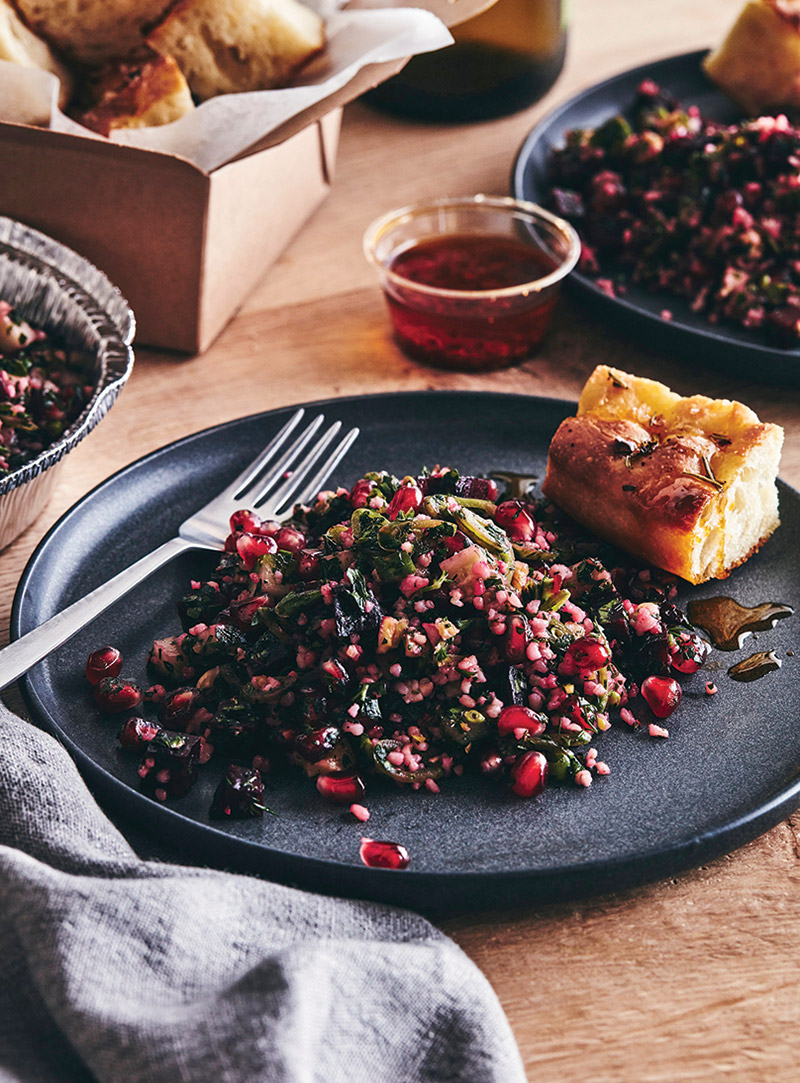 Spring Tabbouleh with Beets,
Sugar snap peas, Cucumber,
Walnut and Pomegranate