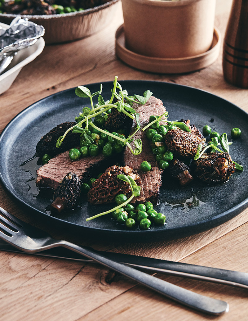 Smoked and Braised Brisket
with Morels and English peas