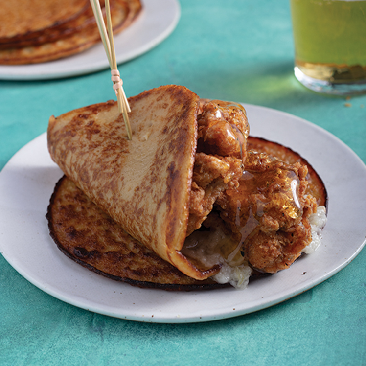 Plantain Pancakes with Crispy Chicken, Yassa Sauce and Habanero Honey