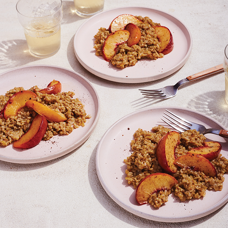 Green Farro Risotto with Roasted Peaches