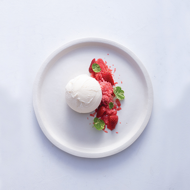 Sake Lees Sorbet with Strawberries and Nasturtium