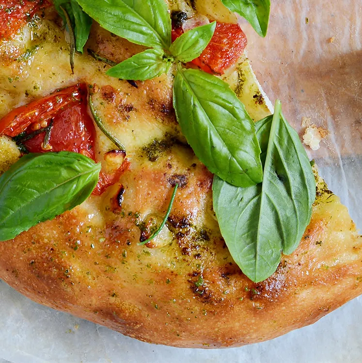 Focaccia with Olives, Pesto & Tomatoes