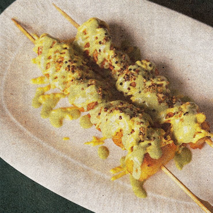 Peruvian Chicken Anticuchos (Skewers) with Panca Mojo, Aji Mayo & Cilantro Aioli