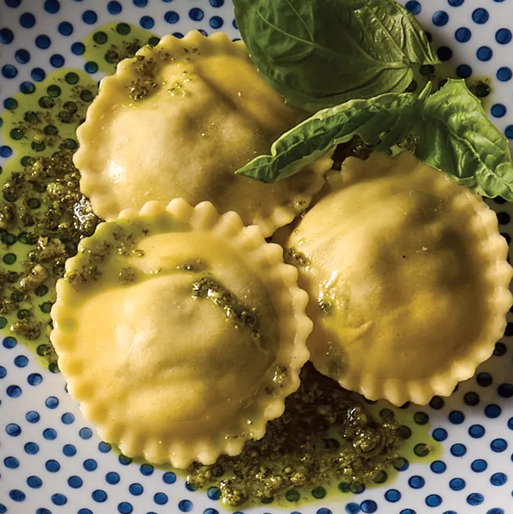 Basil Pesto Burrata Ravioli with Acorn Squash