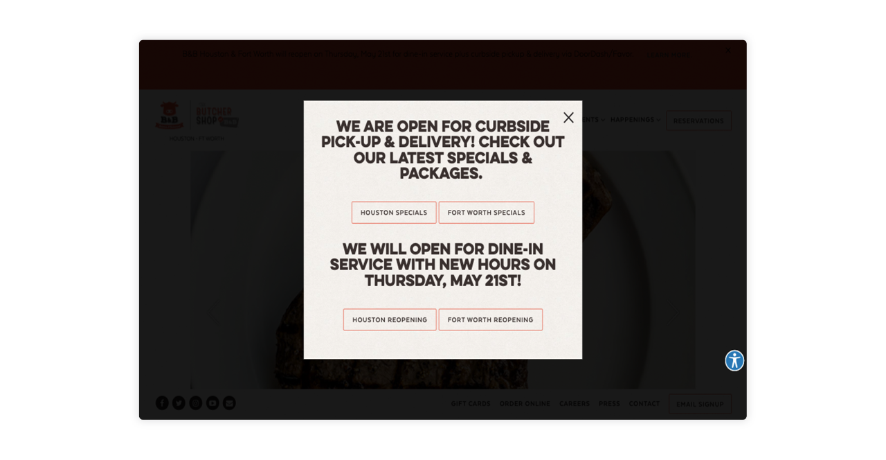 B&B Butchers & Restaurant updates guests using a homepage pop-up alert while promoting curbside pickup and online ordering.