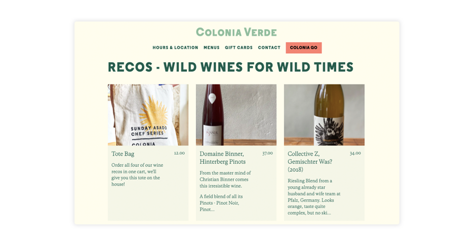 Colonia Verde promotes meal packages for pick up using their website.