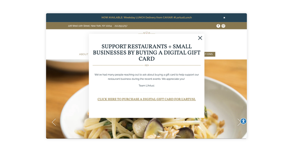 L’Artusi promotes gift cards via a homepage pop-up alert.