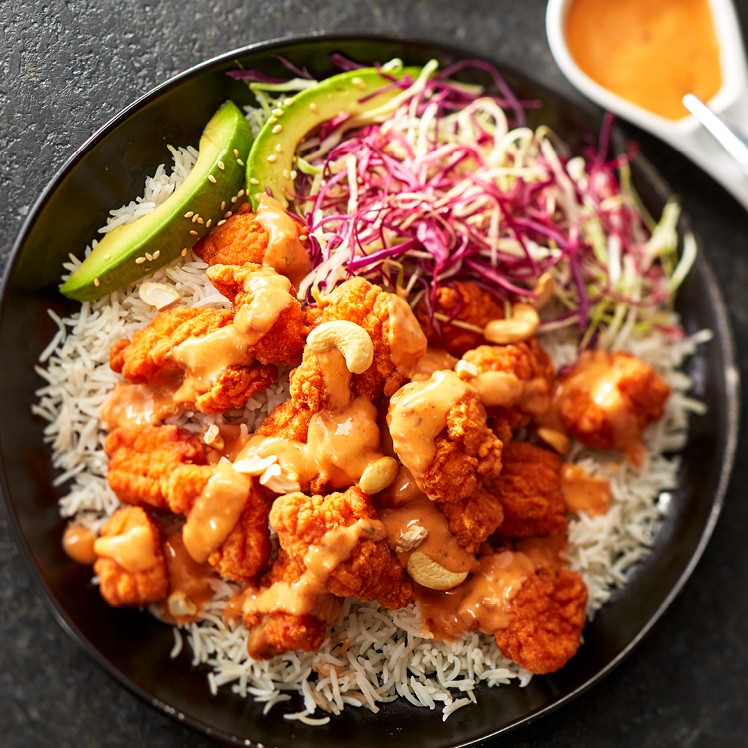 Curry_Popcorn_Chicken_Bowl_with_Gochujang_Ranch_Dress