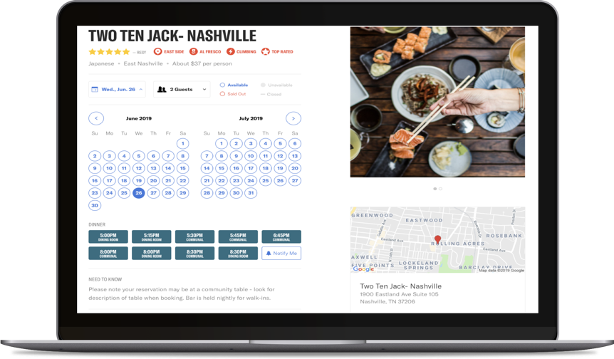 Two Ten Jack’s online reservations site with Resy on laptop